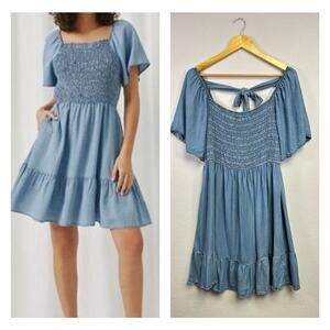 Sweet Wonderer blue smocked chambray ruffle flowery sleeve‎ denim dress 1X￼
